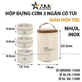 Hộp Đựng Cơm 3 Ngăn Kèm Túi Đựng Cơm Có Thìa Muỗng Tiện Lợi 14x22.2cm - HDC3M01