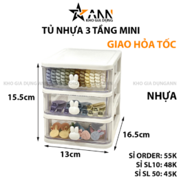 Tủ Nhựa 3 Tầng Mini Đựng Mỹ Phẩm Phụ Kiện Để Bàn Có Tay Cầm Thỏ 15.5x13x16.5cm - TN3TMN01