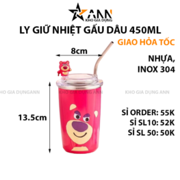 Cốc Giữ Nhiệt Inox Gấu Dâu Lotso 450ml 13.5x8cm - CGNGD01