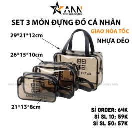 Set 3 Túi Đựng Đồ Dùng Cá Nhân - Túi Đựng Mỹ Phẩm Trang Điểm - Nhựa Trong Suốt Chống Thấm - S3TTS