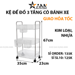 Kệ Để Đồ - Kệ 3 Tầng - Kệ Bếp - Kệ Nhựa Trong Suốt Có Bánh Xe 67x23x35cm - KDD3T