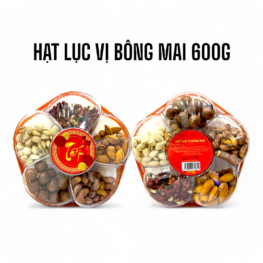 Set Hộp Mix Hạt 6 Vị (Hạt Điều, Óc Chó, Macca, Bí Xanh, Hạt Dẻ Cười, Hạnh Nhân Rang Bơ) Bông Mai 600G Hộp Tết - HLVHBM600