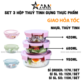 Set 3 Hộp Đựng Thực Phẩm - Hộp Thuỷ Tinh Tròn 420 - 680 - 950ml - HDTPTT3