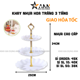 Khay Nhựa Hoa Trắng 3 Tầng - Khay Đựng Mứt Bánh Kẹo Tết 34x25cm - KDM3THT