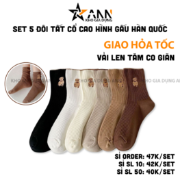 Set 5 Đôi Vớ Cổ Cao Họa Tiết Hình Gấu - Đôi Tất Cổ Cao Phong Cách Hàn Quốc - DTCC01