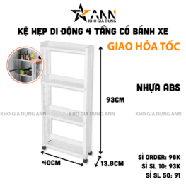 Kệ Hẹp Để Đồ 4 Tầng - Kệ Bếp - Kệ Nhựa Có Bánh Xe 93x40x13,8cm - KDD4T02