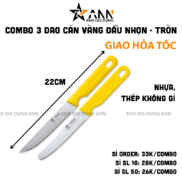 Combo 3 Dao Cán Vàng Đầu Nhọn – Tròn - Dao Gọt Trái Cây 22cm - DCTC01